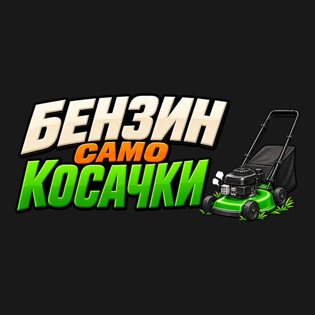 Бензин само косачки - цветен надпис с градинска косачка, кош за трева и дръжка за бутане