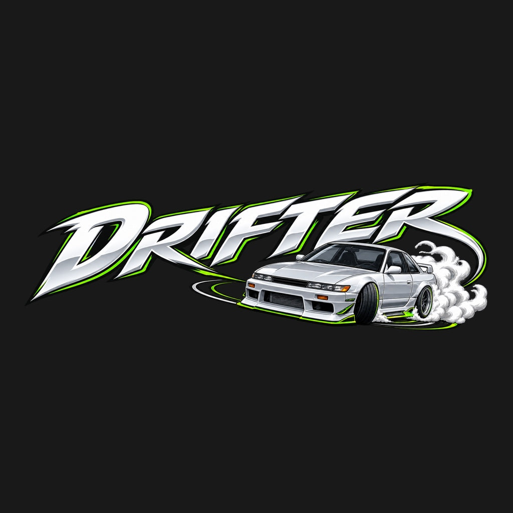 DRIFTER с японско купе - бял надпис с електриково зелени акценти и автомобил в дрифт
