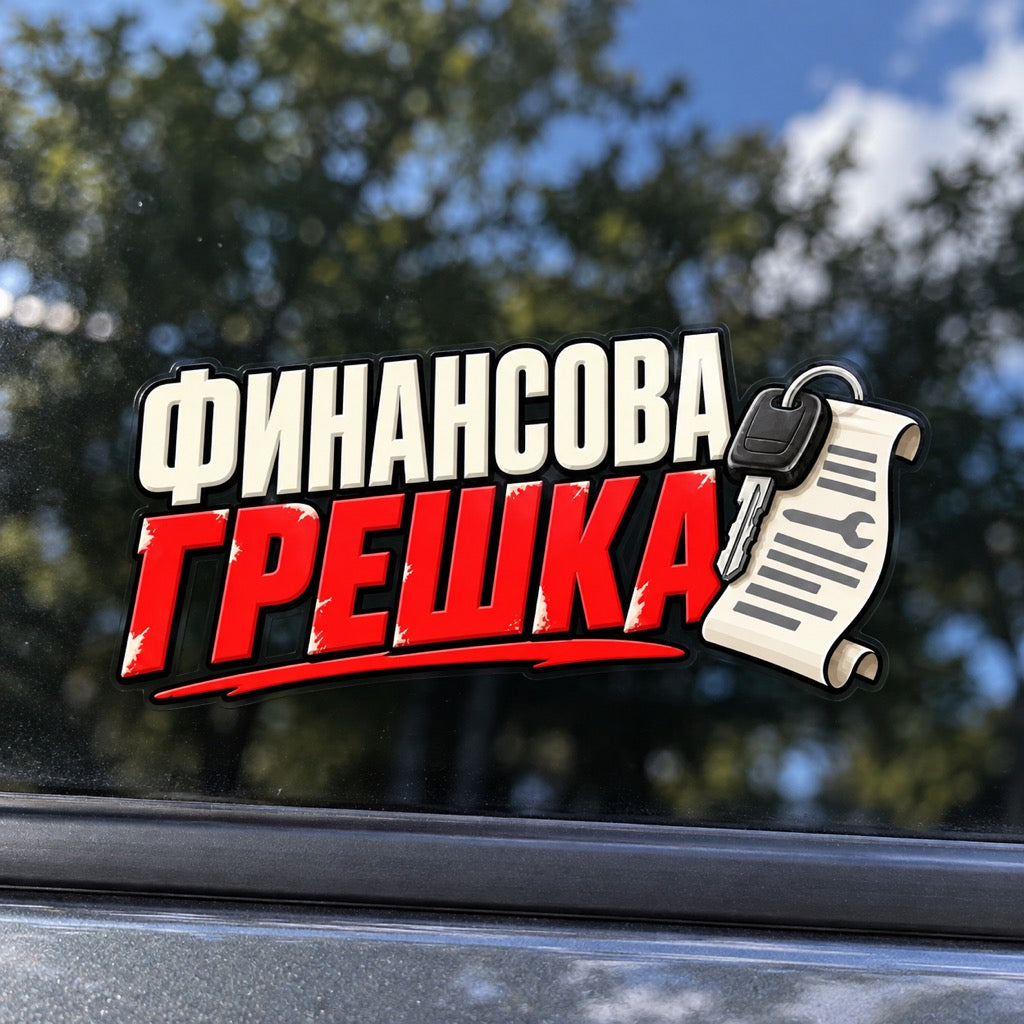 Финансова грешка - близък кадър на стикера върху автомобилно стъкло