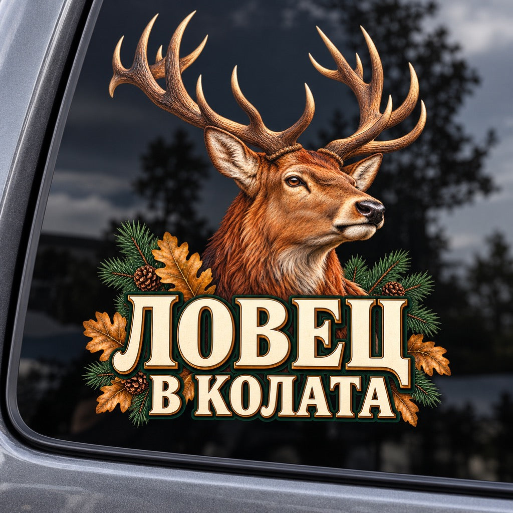 Ловец в колата - цветен стикер с елен върху автомобилно стъкло