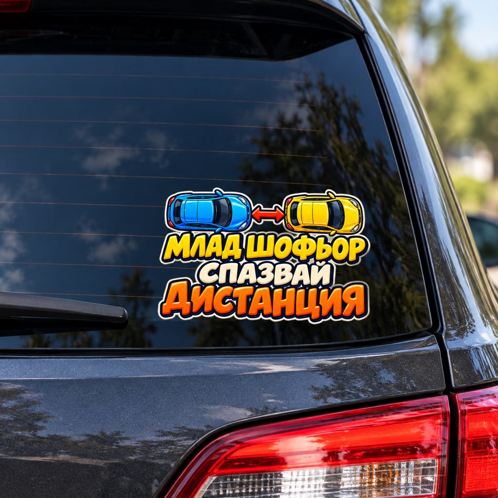 Млад шофьор, спазвай дистанция - визуализация върху задно стъкло