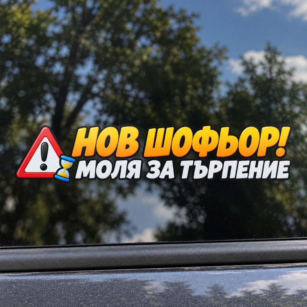 Стикер „Нов шофьор! Моля за търпение“ - близка визуализация върху автомобилно стъкло с предупредителен триъгълник и пясъчен часовник