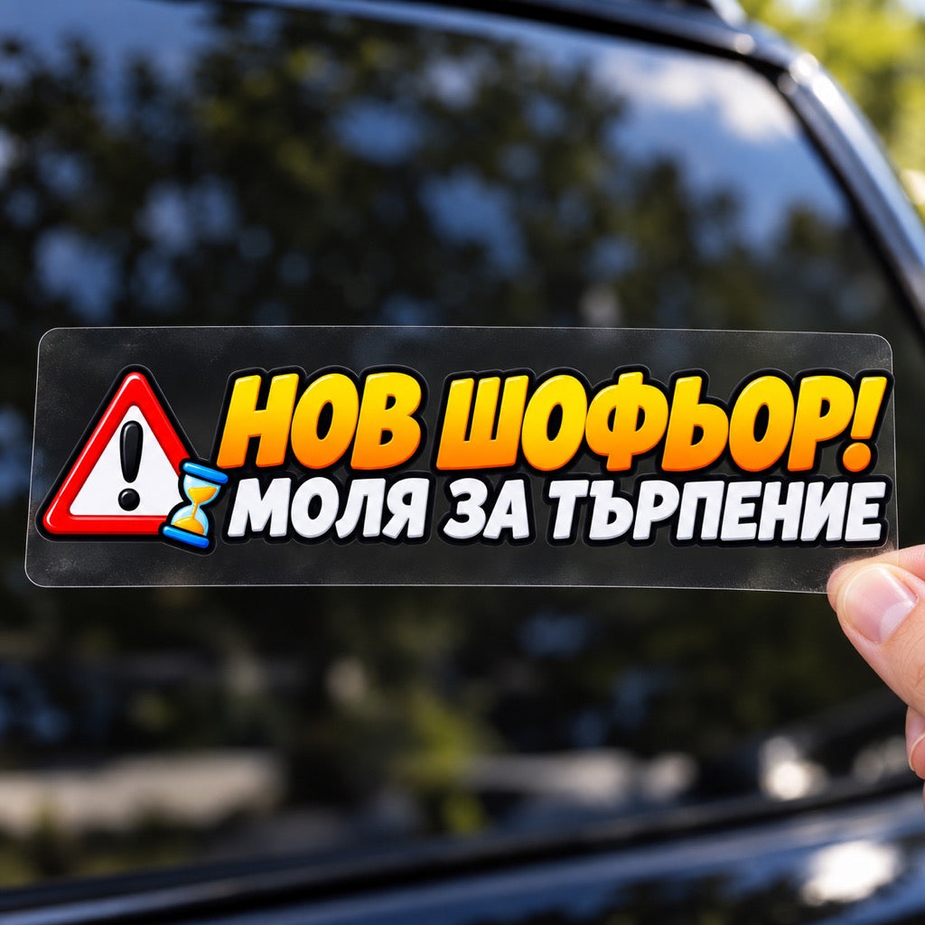 Ръка държи стикер „Нов шофьор! Моля за търпение“ върху плоско прозрачно транспортно фолио пред автомобил