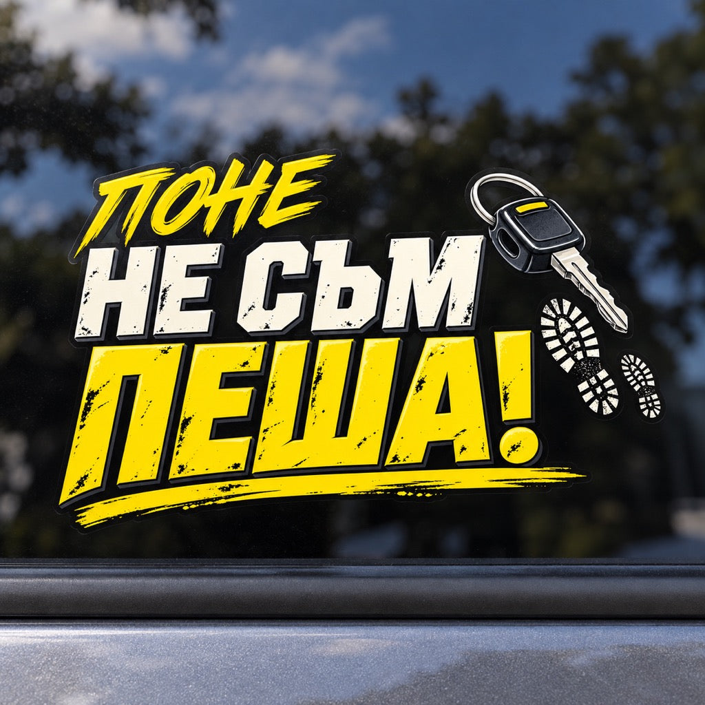 Поне не съм пеша! - близък кадър на стикера върху автомобилно стъкло