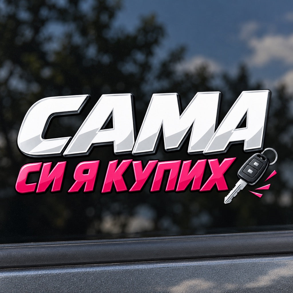 Сама си я купих - бял и розово-малинов стикер с автомобилен ключ, близка визуализация върху стъкло