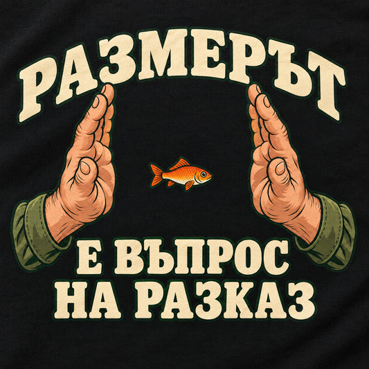 Щампа с две ръце и малка рибка върху черна тениска — близък план
