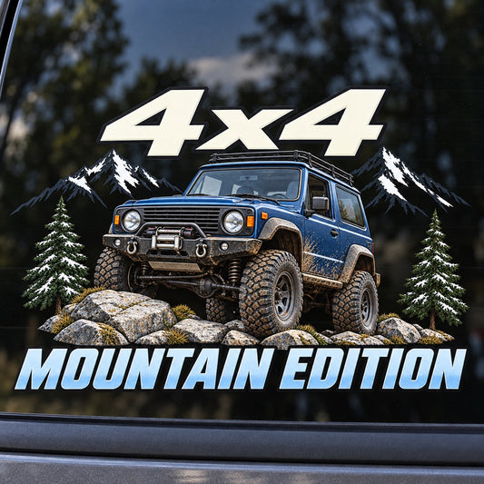 4x4 Mountain Edition - близка визуализация на планинския offroad стикер върху автомобилно стъкло