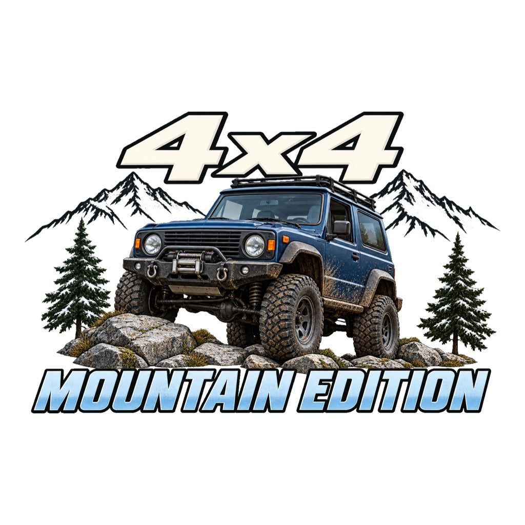 4x4 Mountain Edition - син двуврат джип със заснежени върхове, борове и скали