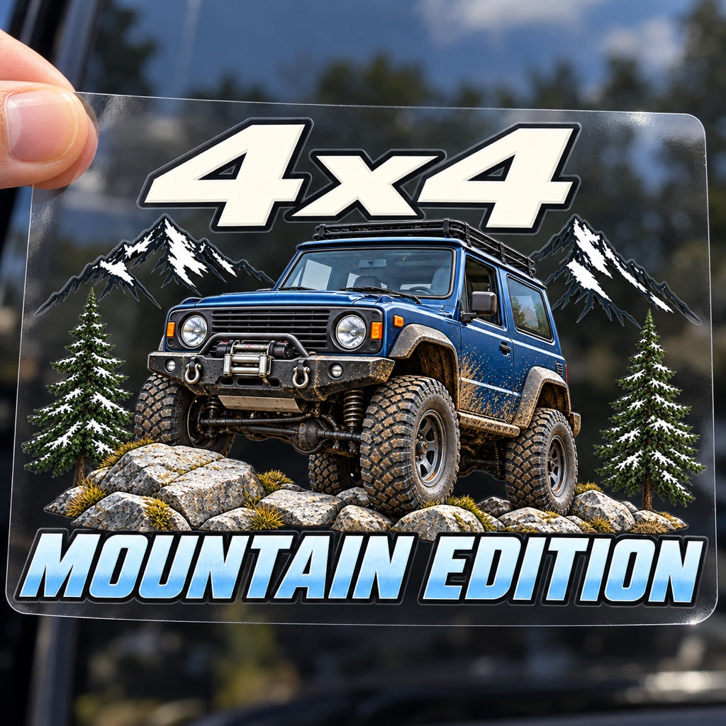 4x4 Mountain Edition - стикер с прозрачно транспортно фолио, държано с ръка