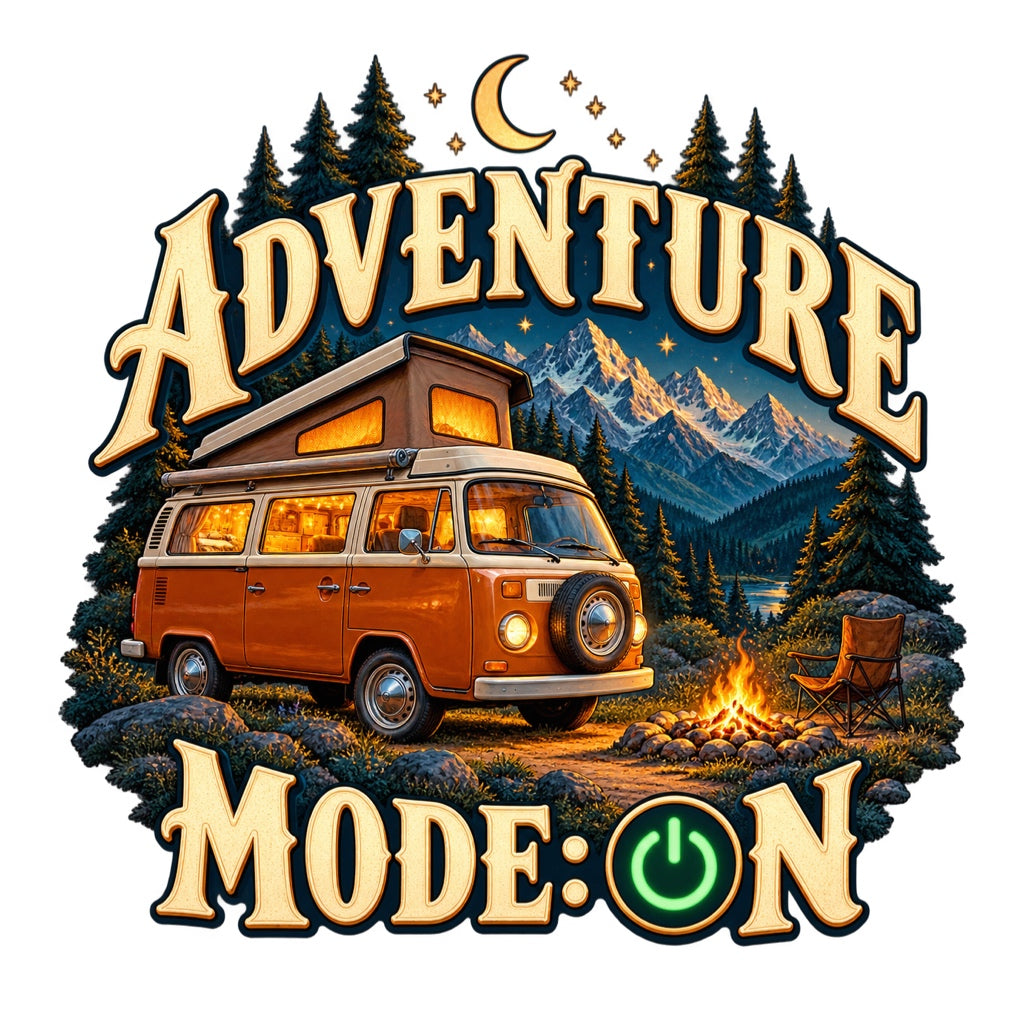 Adventure Mode: ON - Нощен лагер - цветен дизайн с кемпер и нощен лагер