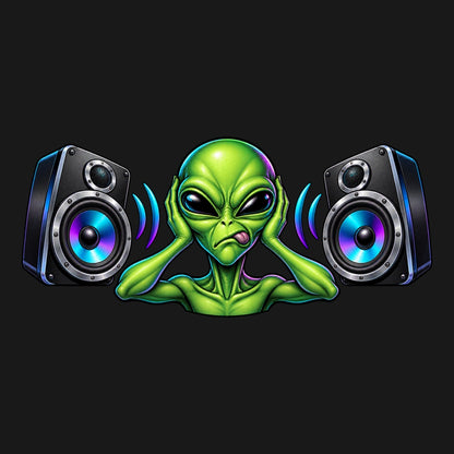 Alien Bass - стикер без надпис със зелено извънземно със запушени уши между две тонколони с тюркоазено-виолетови говорители