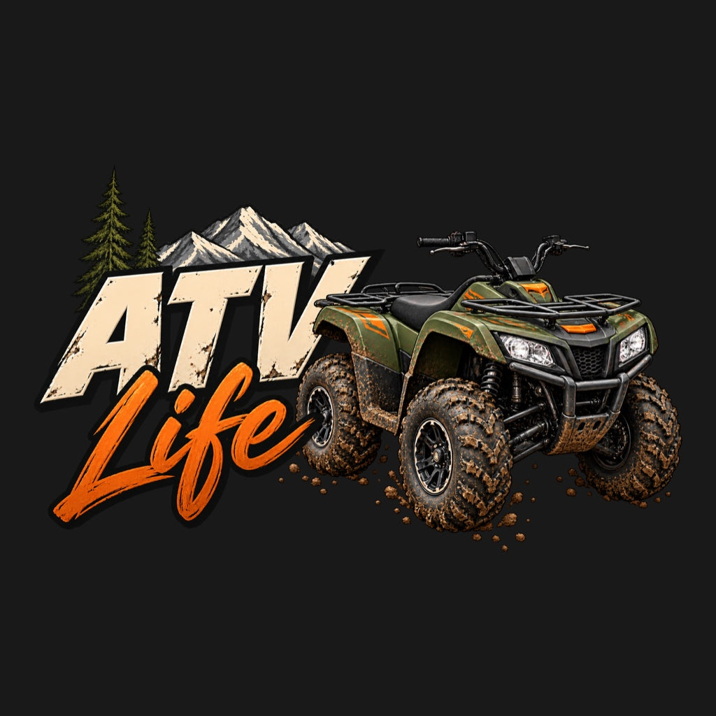 ATV Life - пясъчнобял и оранжев надпис, реалистично АТВ, планини и два бора