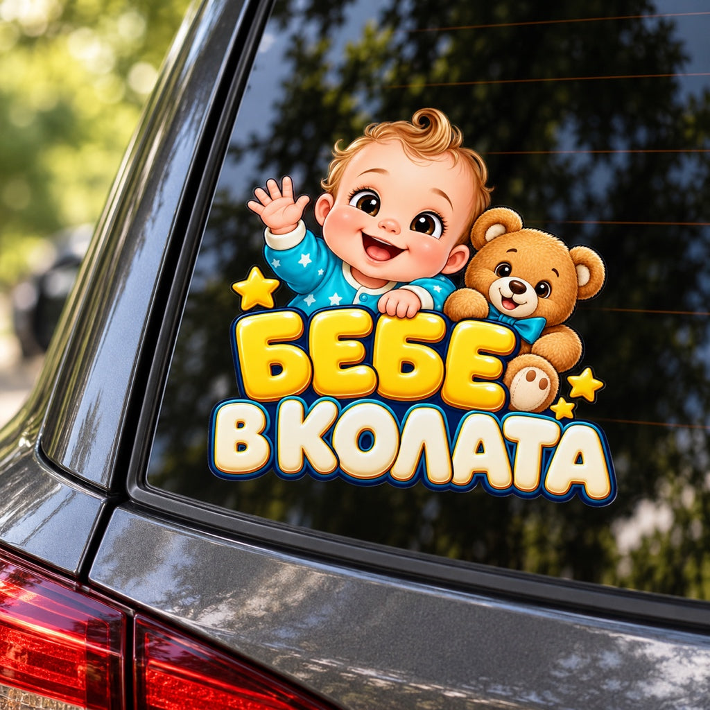 Стикер Бебе в колата - Малкият пътешественик, визуализация върху автомобилно стъкло
