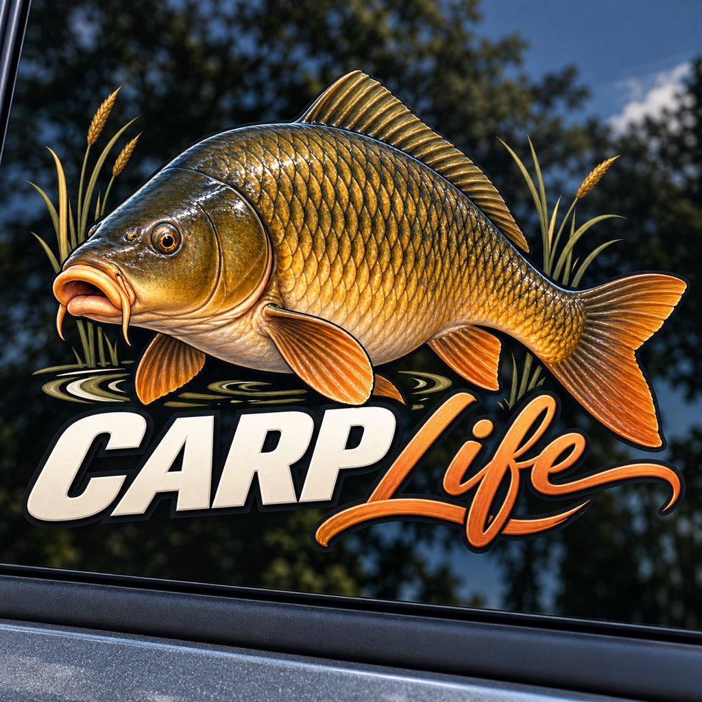 Carp Life - реалистичен шаран и надпис върху автомобилно стъкло, близка визуализация