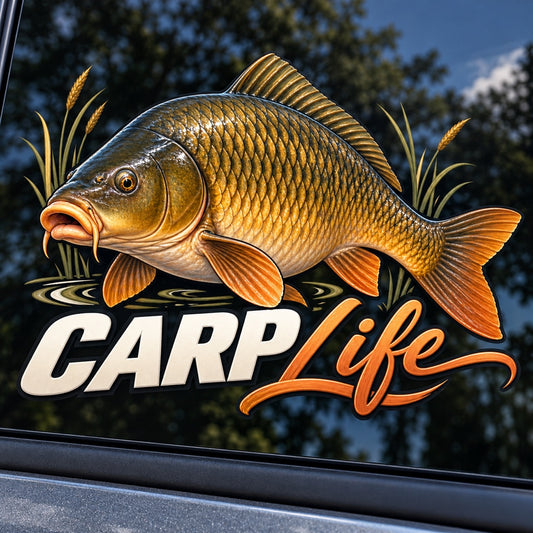 Carp Life - реалистичен шаран и надпис върху автомобилно стъкло, близка визуализация