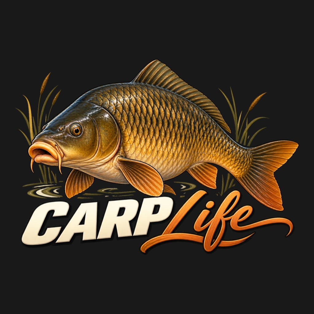 Carp Life - златисто-бронзов шаран с тръстики, кремав надпис CARP и меднооранжев Life на тъмен фон за визуализация