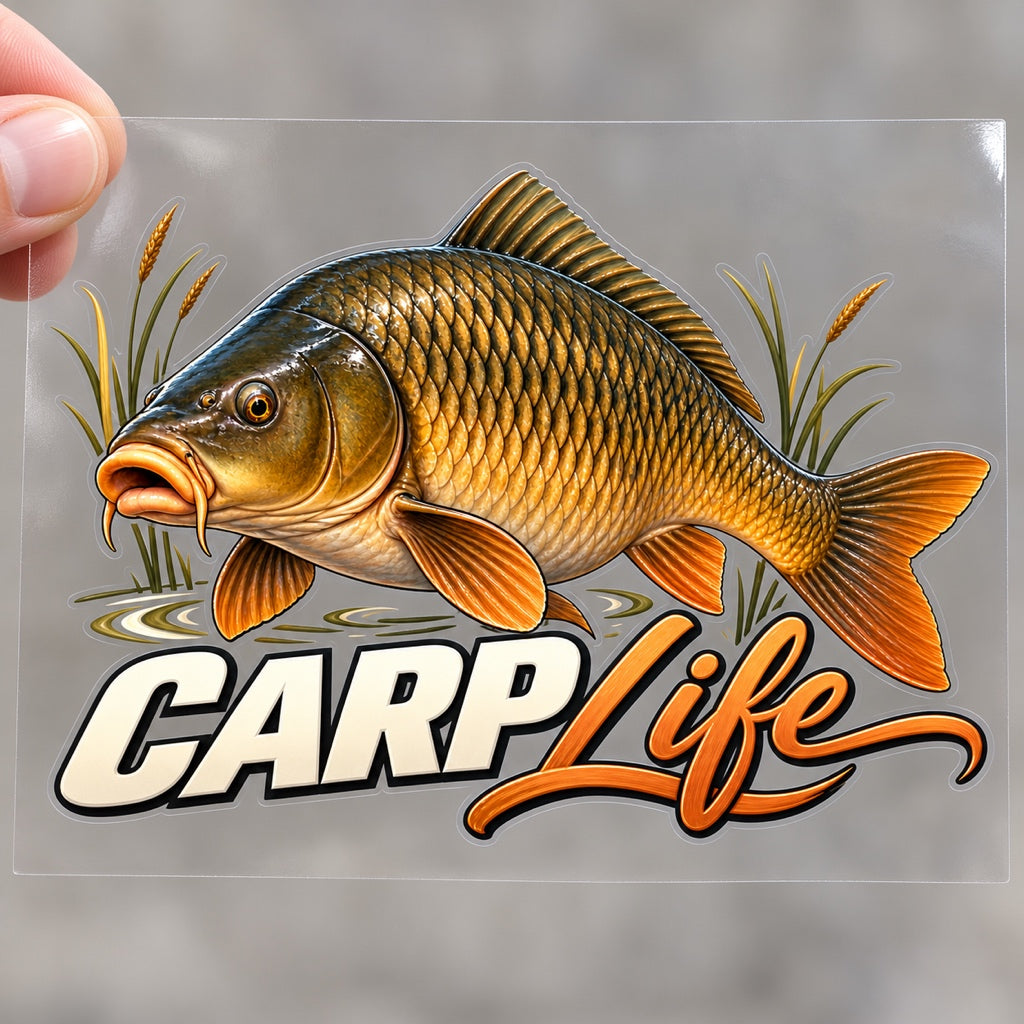 Carp Life - пълноцветен стикер върху прозрачно транспортно фолио, държано с ръка