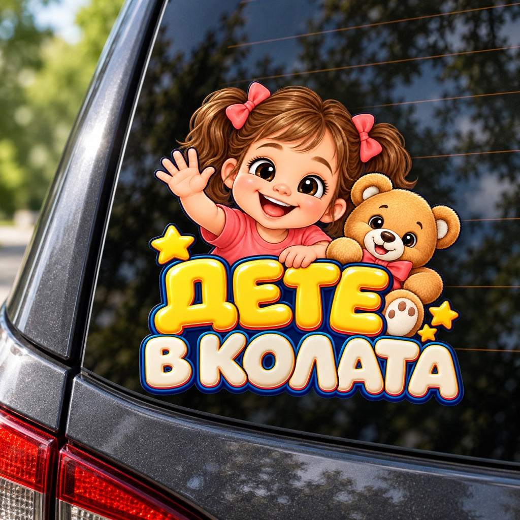 Стикер Дете в колата - Малката пътешественичка, визуализация върху автомобилно стъкло