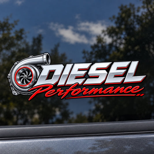 Стикер DIESEL Performance с турбина върху автомобилно стъкло, близък кадър с реалистичен размер