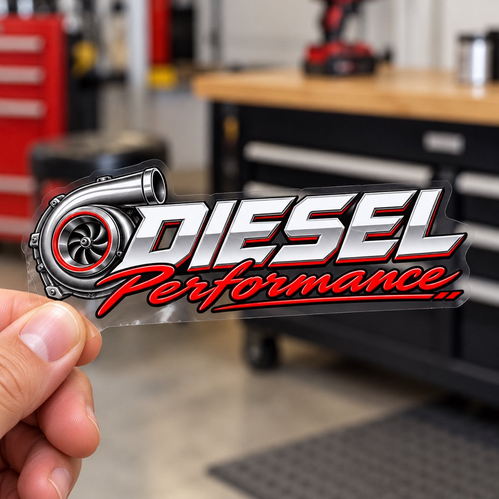 Визуализация на малкия стикер DIESEL Performance върху прозрачно транспортно фолио, държано с ръка