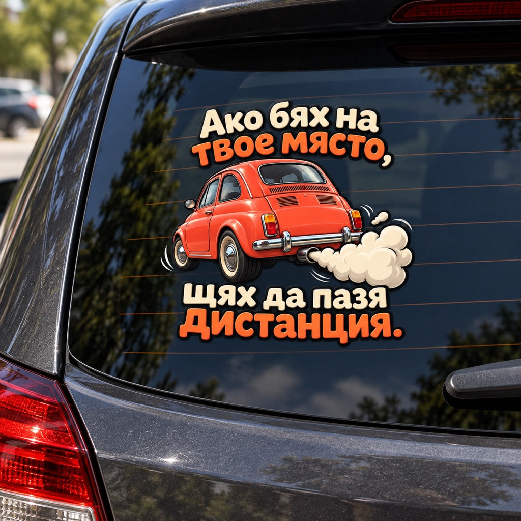 Ако бях на твое място, щях да пазя дистанция. - визуализация върху автомобил