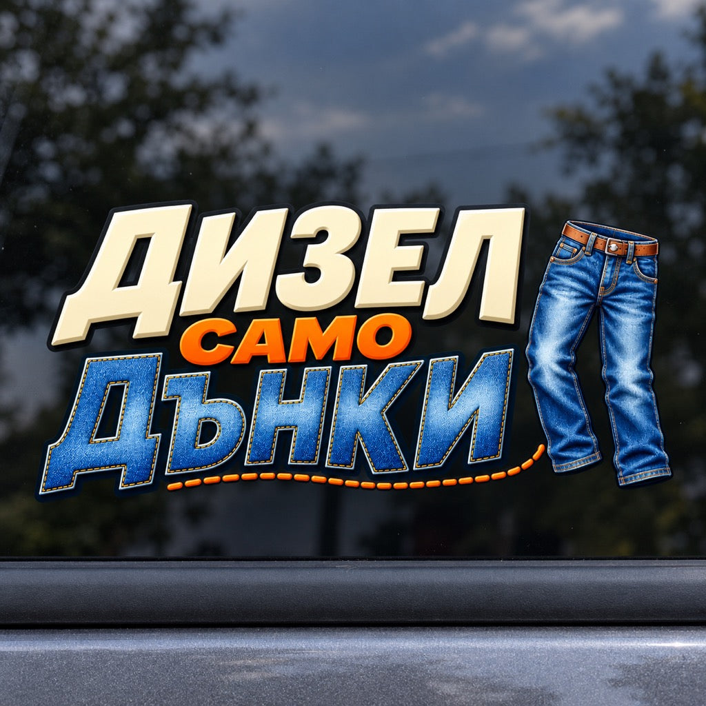 Дизел само дънки - близък кадър на стикера върху автомобилно стъкло