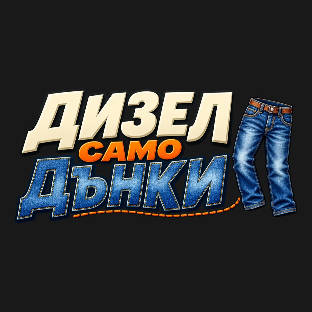 Дизел само дънки - цветен надпис с дънкова текстура, оранжеви шевове и чифт сини дънки