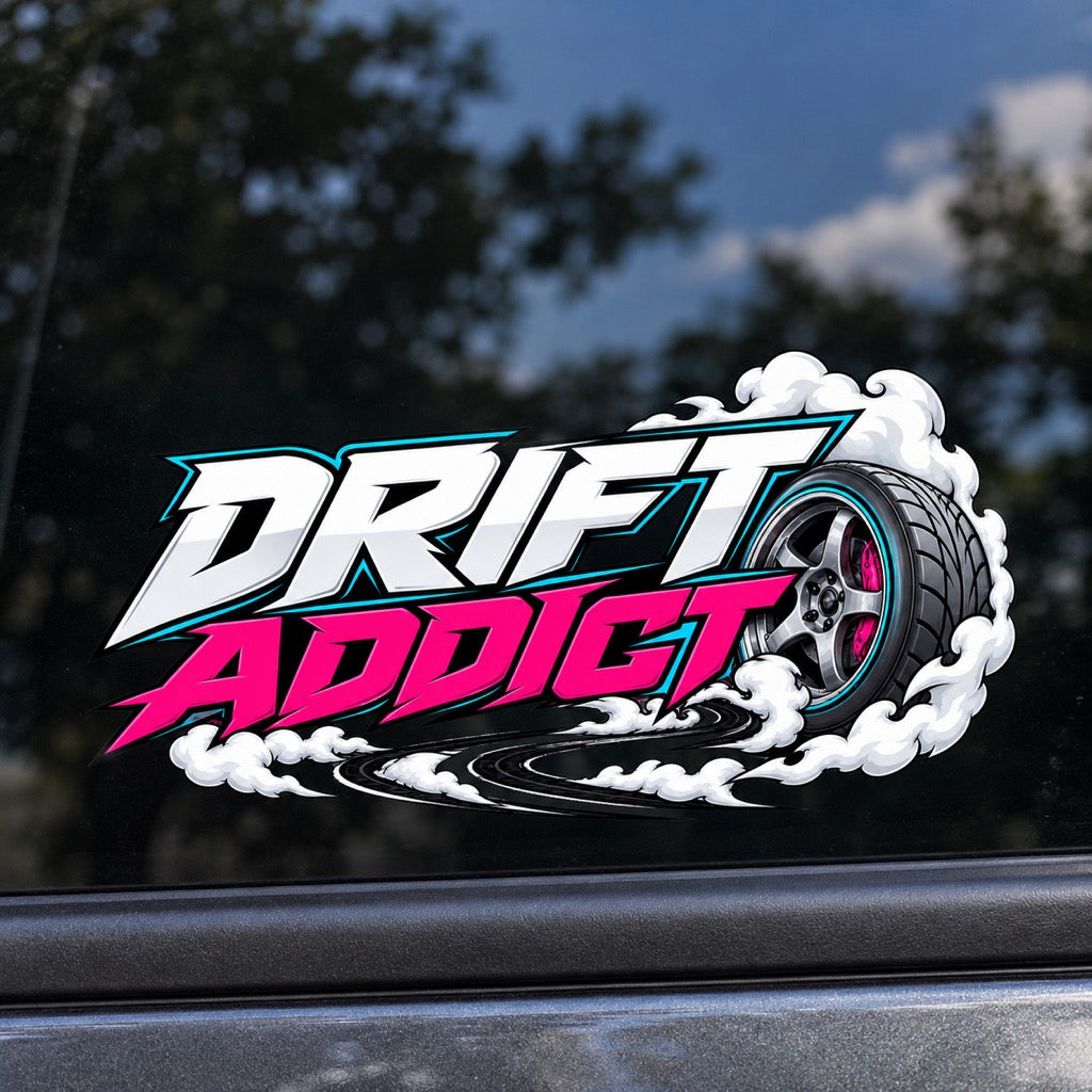 DRIFT ADDICT - близък кадър на стикера върху автомобилно стъкло