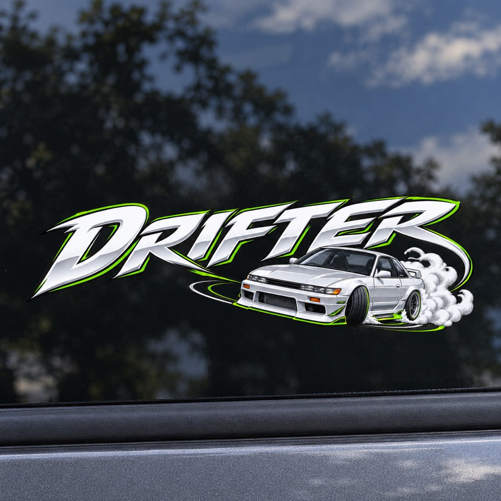 DRIFTER с японско купе - близък кадър на стикера върху автомобилно стъкло