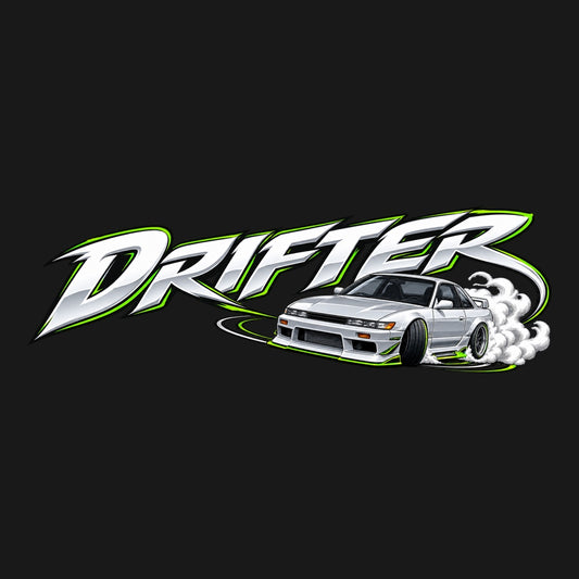 DRIFTER с японско купе - бял надпис с електриково зелени акценти и автомобил в дрифт