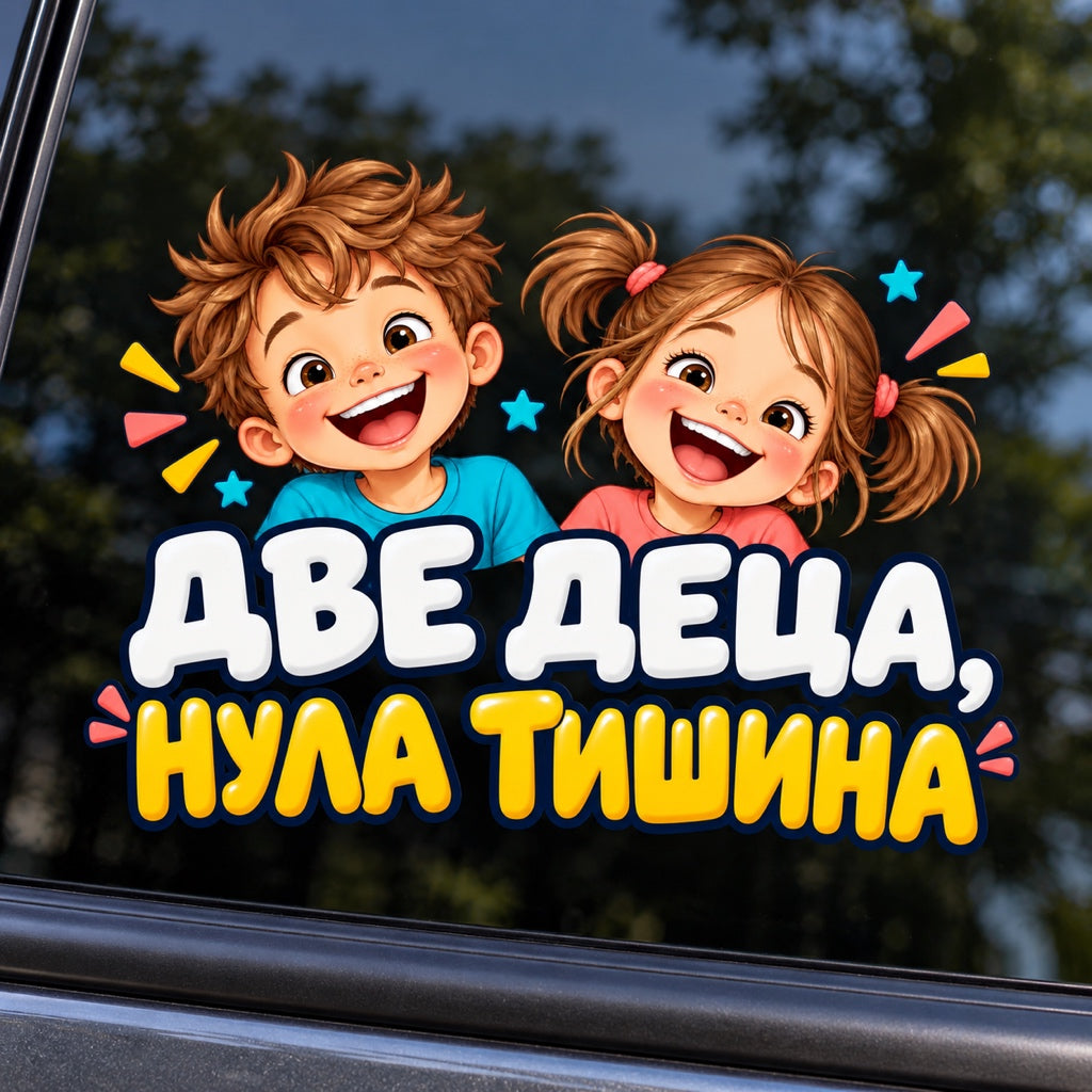 Две деца, нула тишина - близка визуализация на стикера върху автомобилно стъкло