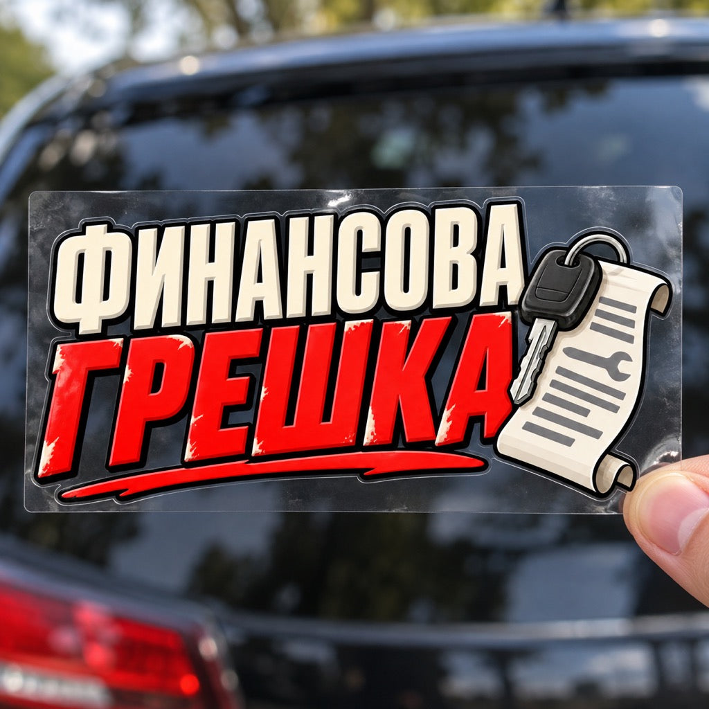 Финансова грешка - стикер върху прозрачно транспортно фолио