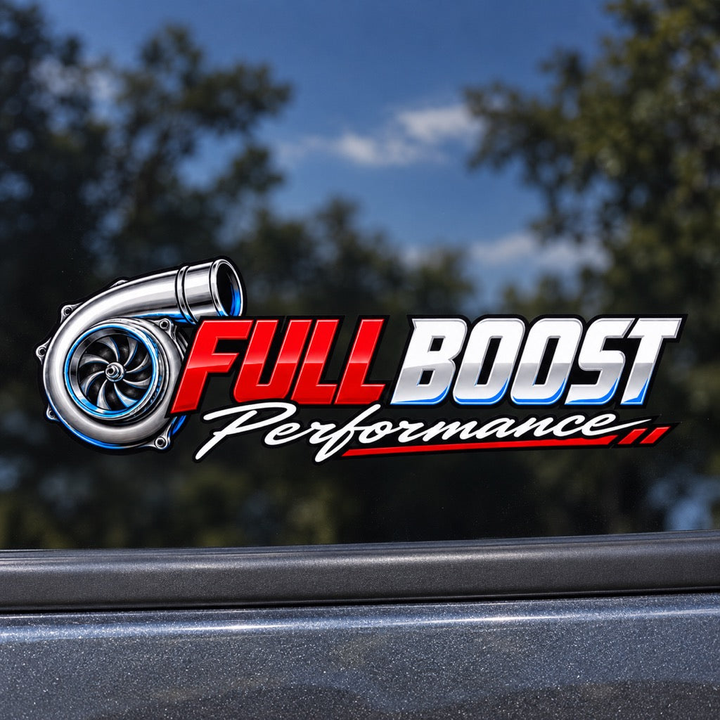 Стикер FULL BOOST Performance с турбина върху автомобилно стъкло, близък кадър с реалистичен размер