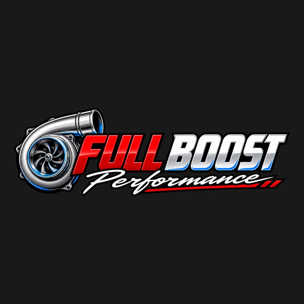 Дизайн на стикер FULL BOOST Performance с червен надпис, сребриста турбина и сини акценти