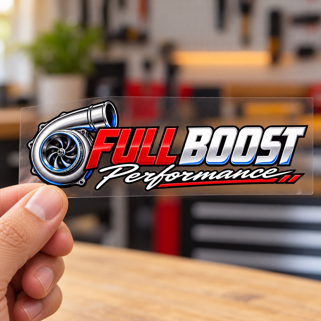 Визуализация на малкия стикер FULL BOOST Performance върху прозрачно транспортно фолио, държано с ръка