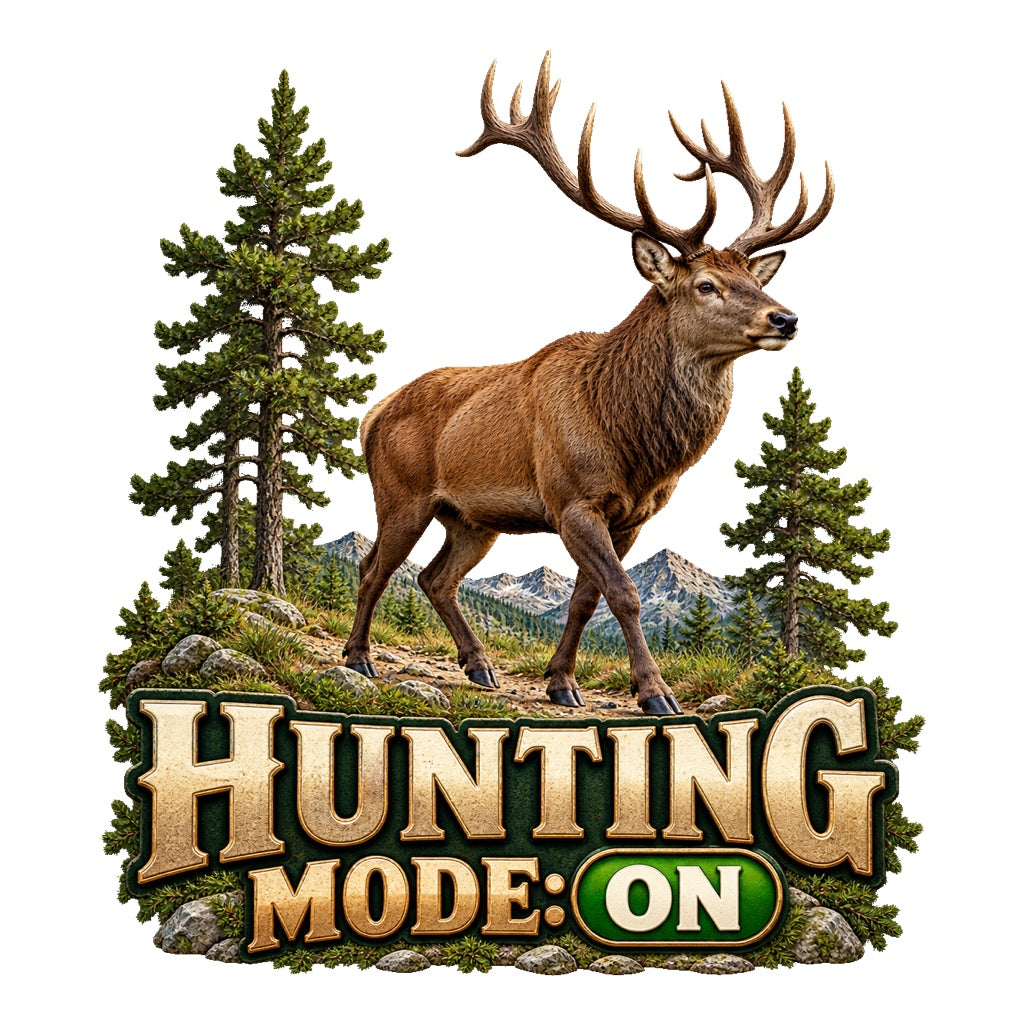 Пълноцветен ловджийски стикер Hunting Mode: ON с реалистичен елен и горска сцена