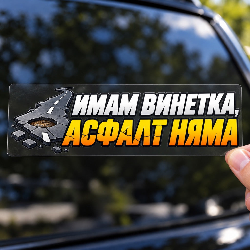Ръка държи стикер „Имам винетка, асфалт няма“ върху плоско прозрачно транспортно фолио пред автомобил