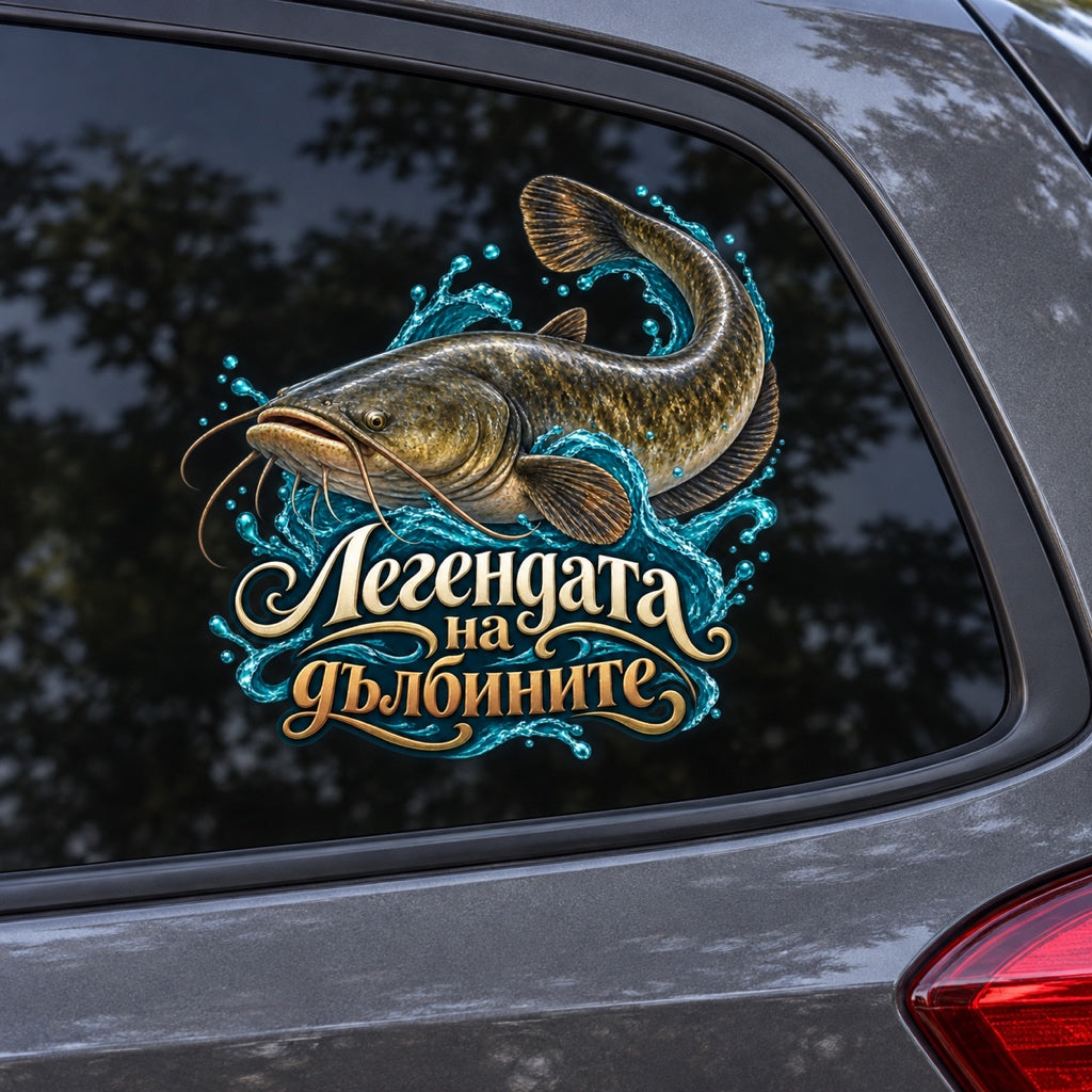 Сом Легендата на дълбините - визуализация на стикера върху автомобилно стъкло