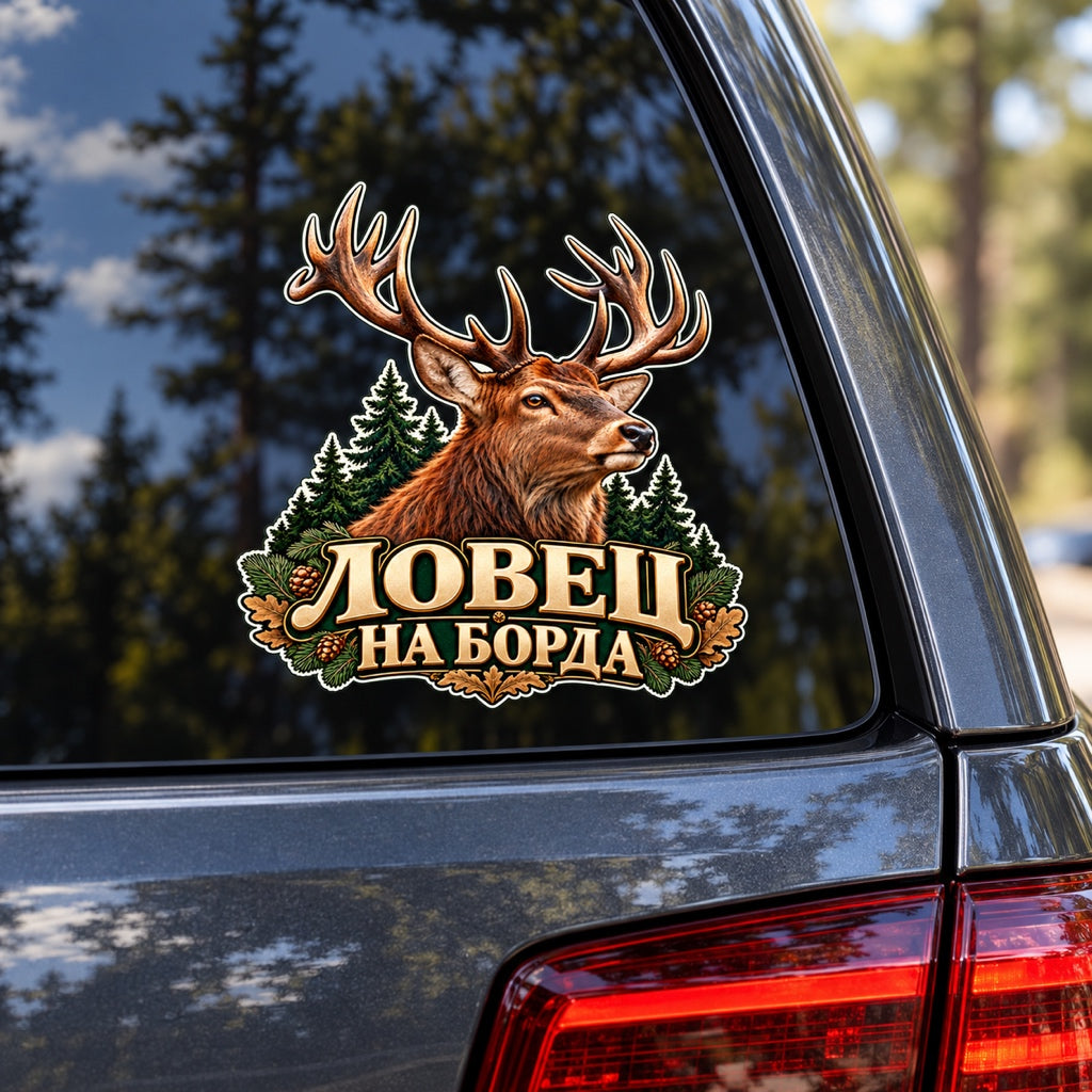 Ловец на борда - реалистичен елен, визуализация върху стъкло на SUV