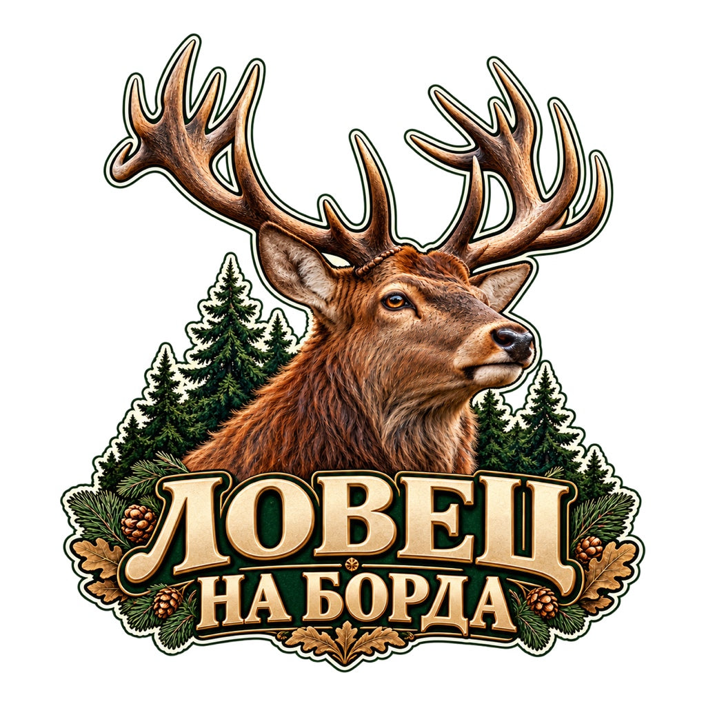 Пълноцветен стикер Ловец на борда с реалистичен елен и борова гора