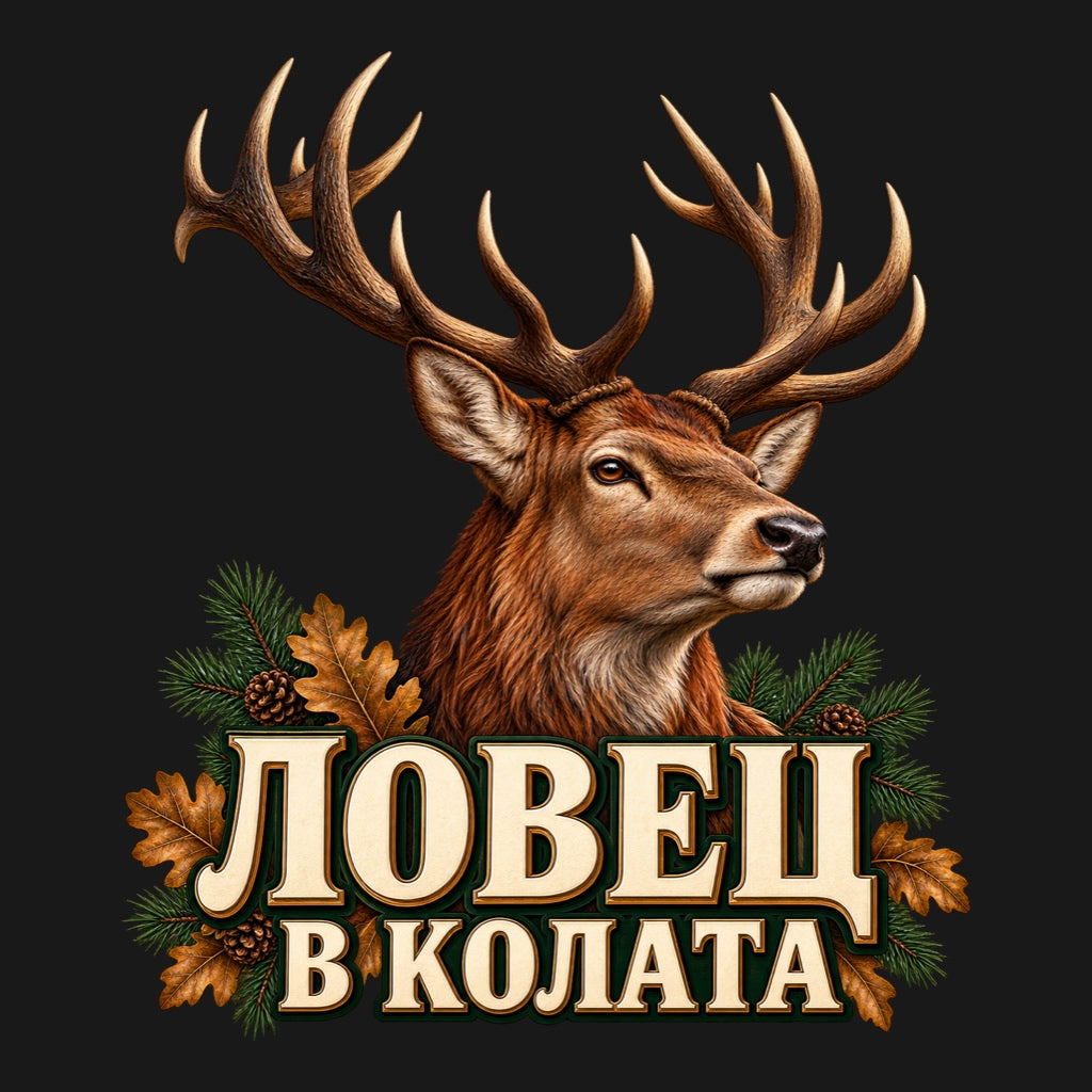 Ловец в колата - реалистичен елен, дъбови листа и борови клонки