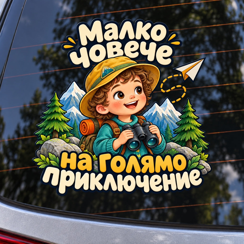 Малко човече на голямо приключение - върху автомобилно стъкло