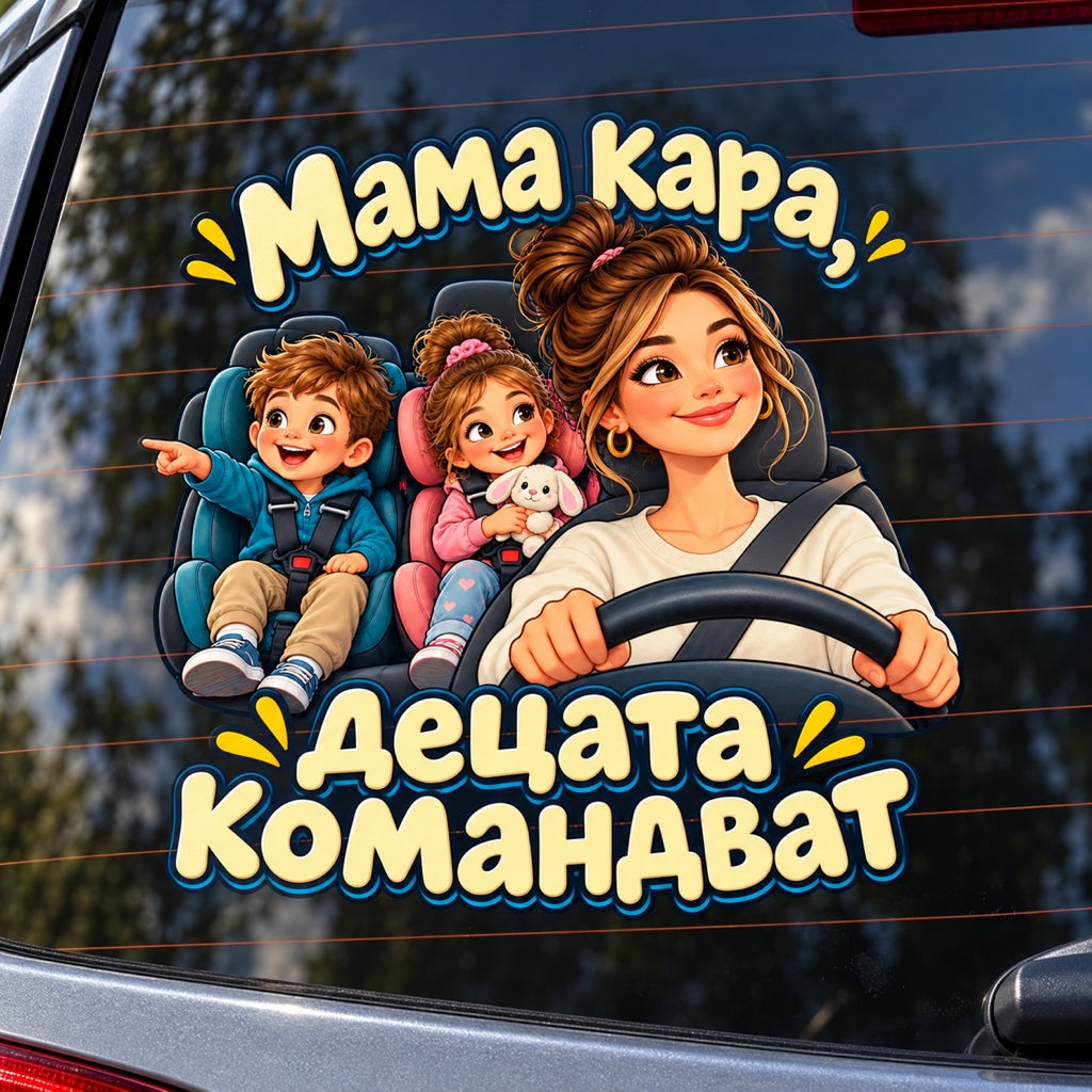 Стикер Мама кара, децата командват върху автомобилно стъкло