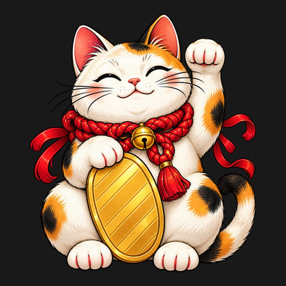 Maneki Neko - трицветно коте със златиста монета и червени акценти