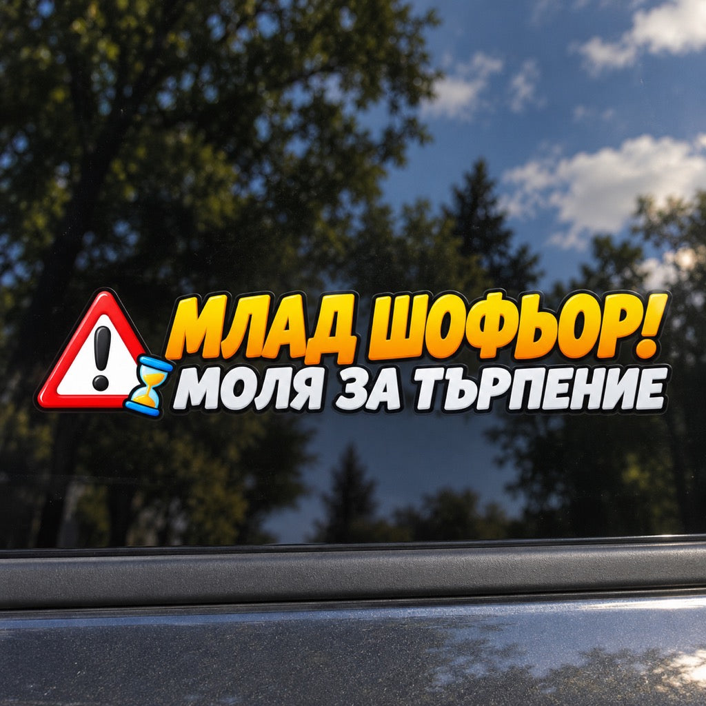 Стикер „Млад шофьор! Моля за търпение“ с предупредителен триъгълник и часовник - визуализация върху автомобилно стъкло