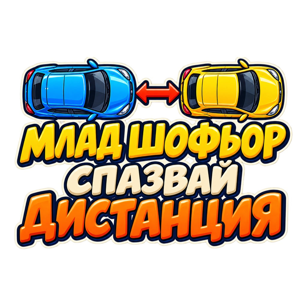 Пълноцветен стикер Млад шофьор, спазвай дистанция с две коли и стрелка