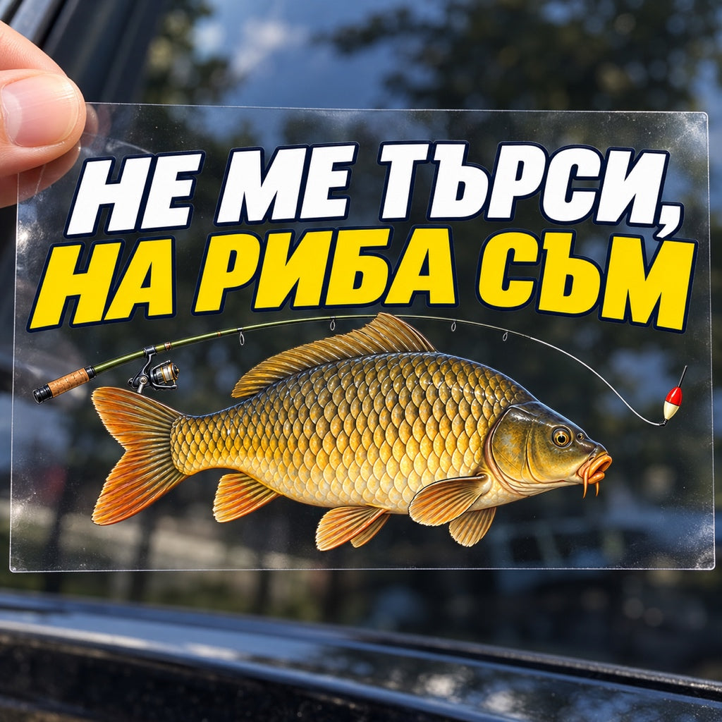 Не ме търси, на риба съм - стикер с прозрачно транспортно фолио, държано с ръка
