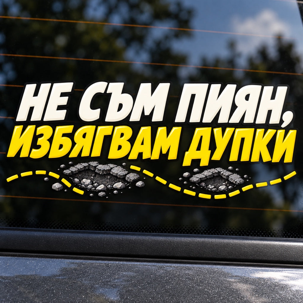 Не съм пиян, избягвам дупки - Жълта следа - близка визуализация върху автомобилно стъкло