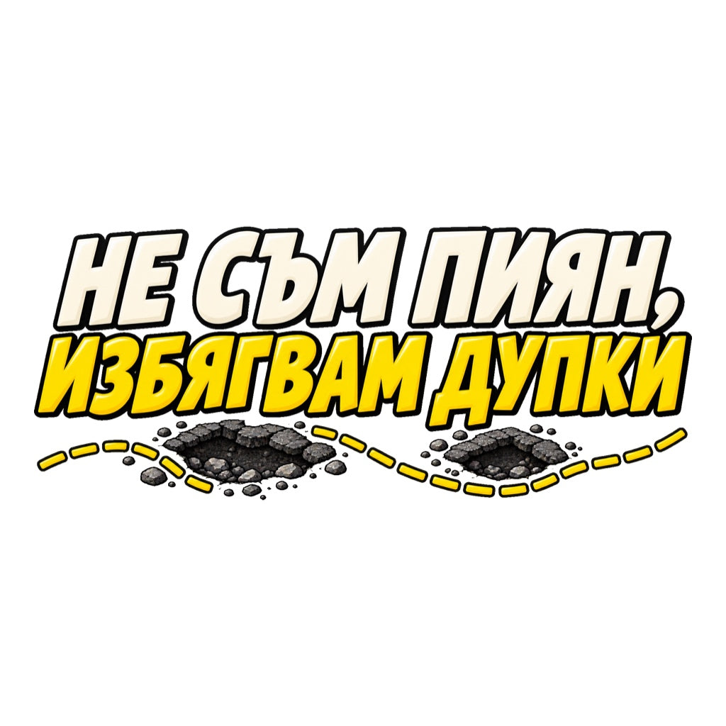 Не съм пиян, избягвам дупки - кремав и жълт надпис с две дупки и извита пунктирана следа