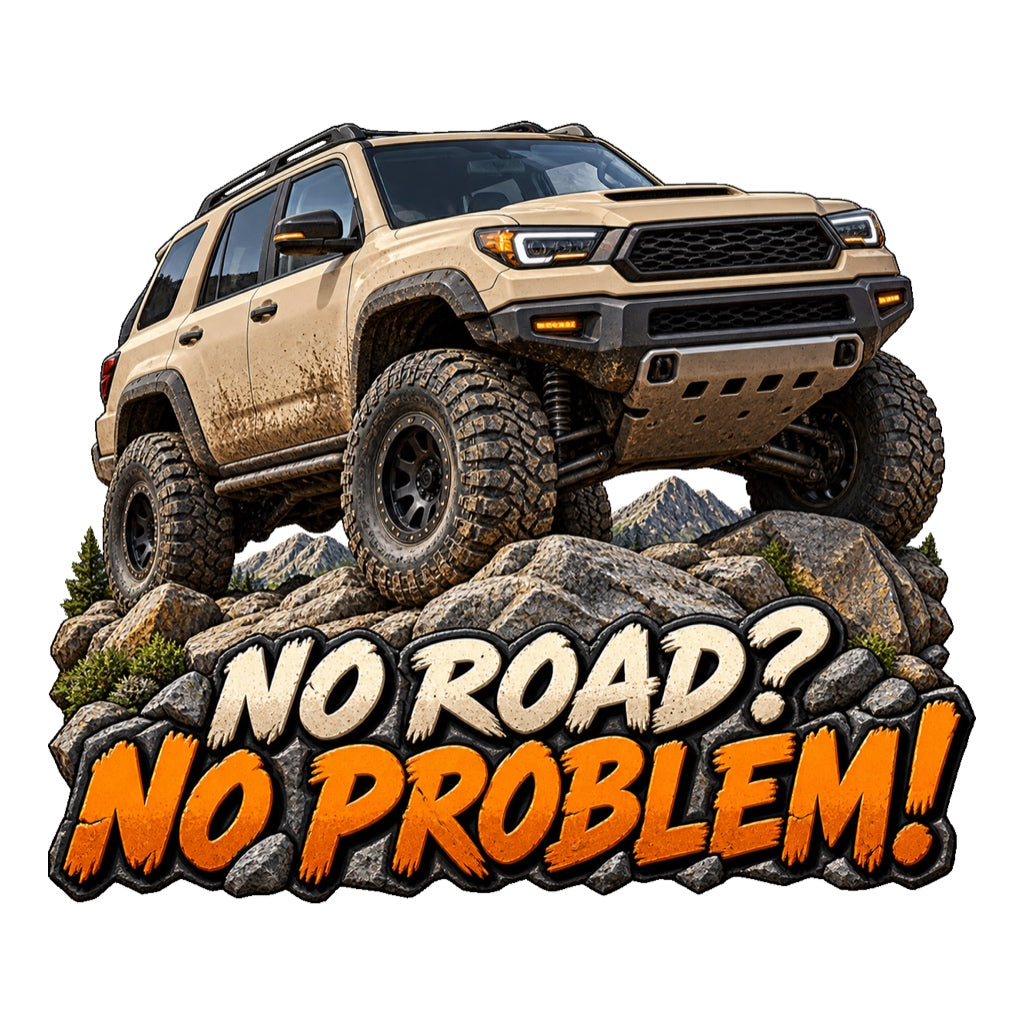 Пълноцветен OFFROAD стикер No Road? No Problem! с реалистичен 4x4 върху скали